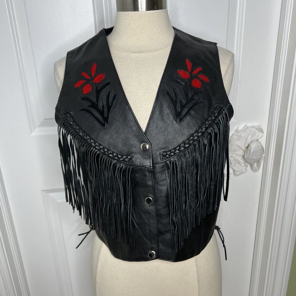 Silver Bike Leather Motorcycle Vest Red Floral Fringe Jacket L Festival Read - Picture 3 of 16